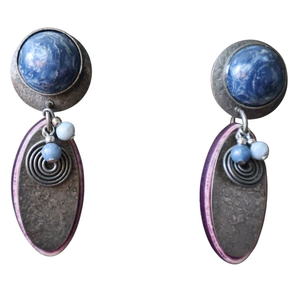 Vintage Artisan Dangle Pierced Earring Blue Marbled Stud Purple Silver Oval Disk